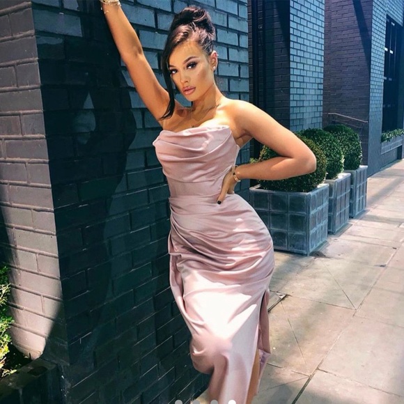 house of cb champagne satin dress HOUSE OF CB Leia Champagne Shimmer, Low Back Maxi Dress FOR HIRE (Size 8) One Night Stand Designer Dress Hire